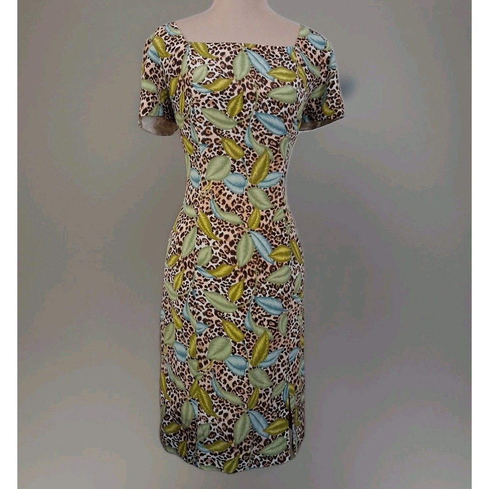 Adrianna Papell VTG 90s Cheetah Palm Print Square Neck Silk Sheath Dress